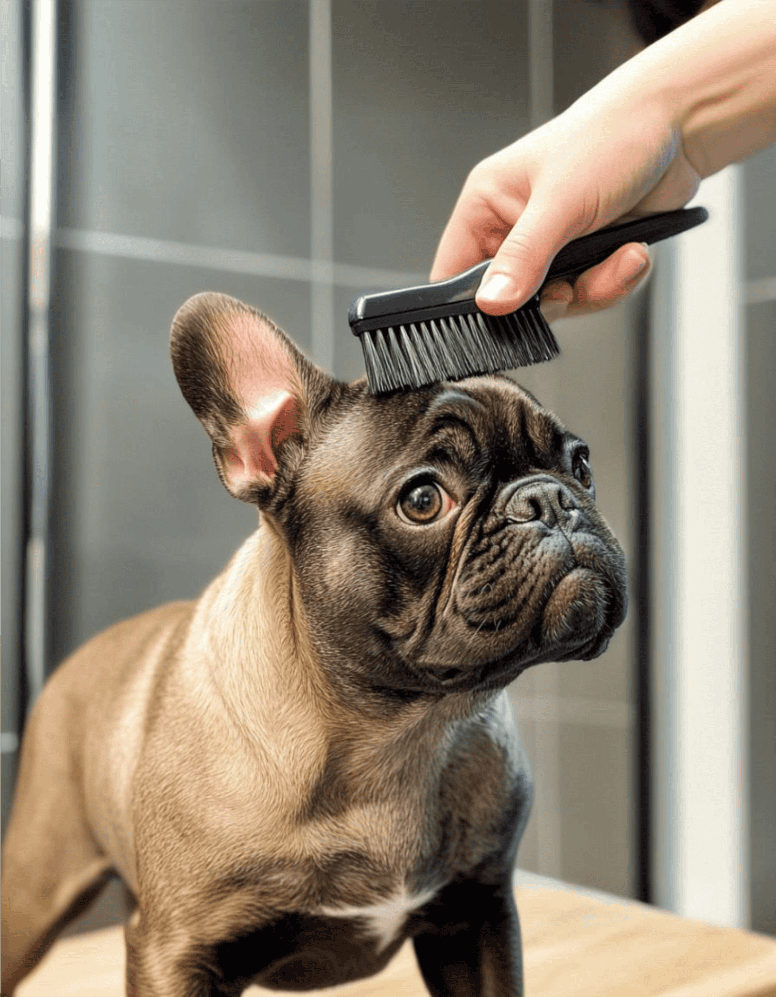 Dog grooming, brushing a French Bulldog.