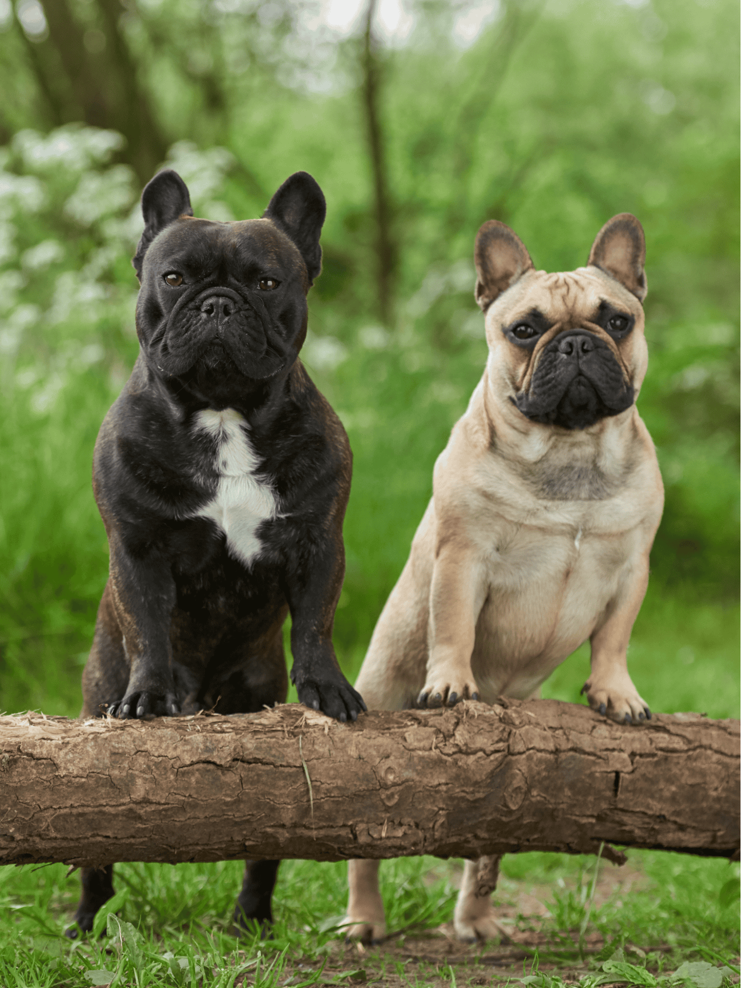 Adorable French Bulldogs standing on a log in a lush green park, showcasing their cute and playful personalities.
