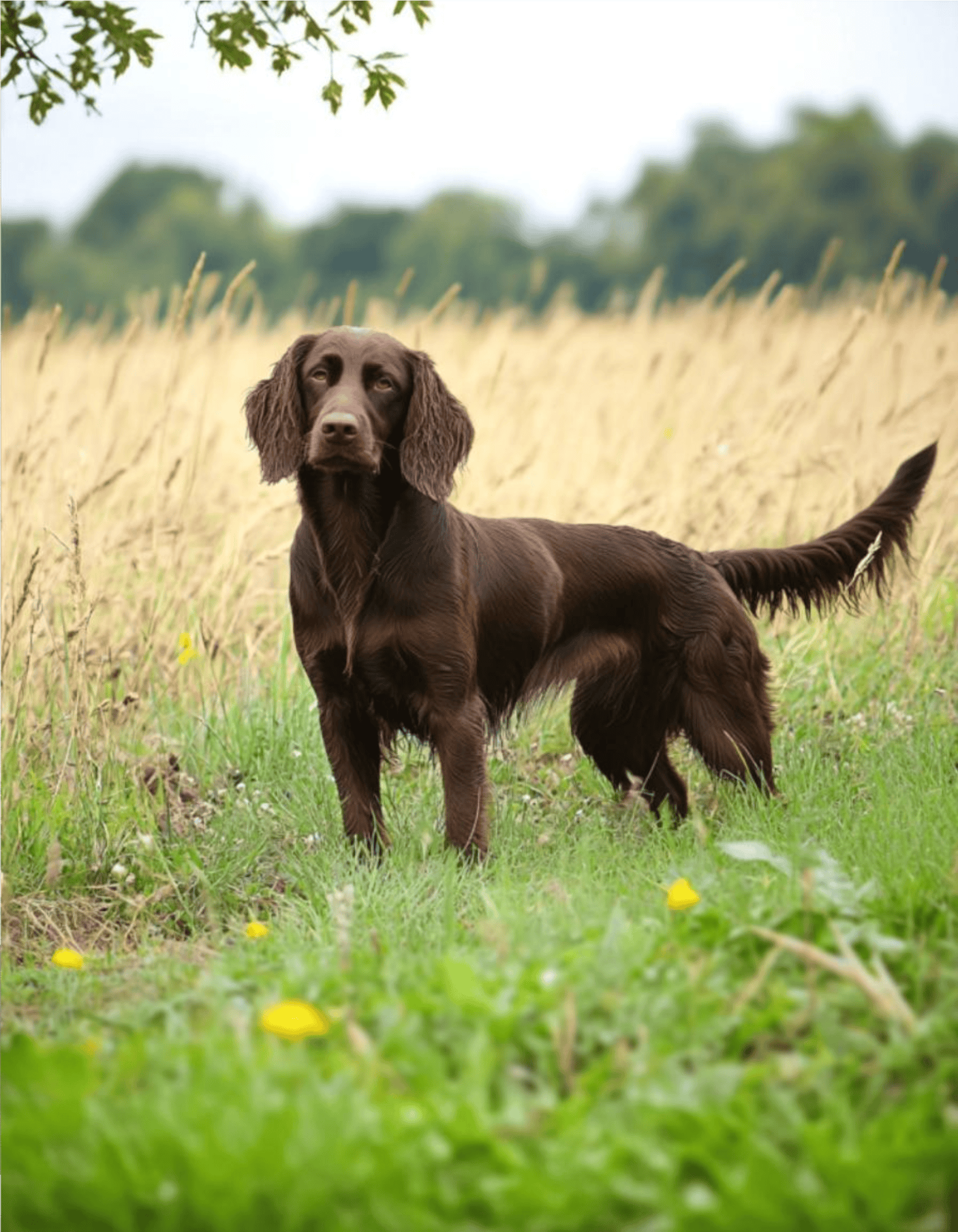 Dog in a lush green field with tall grass and yellow flowers, outdoor nature scene.