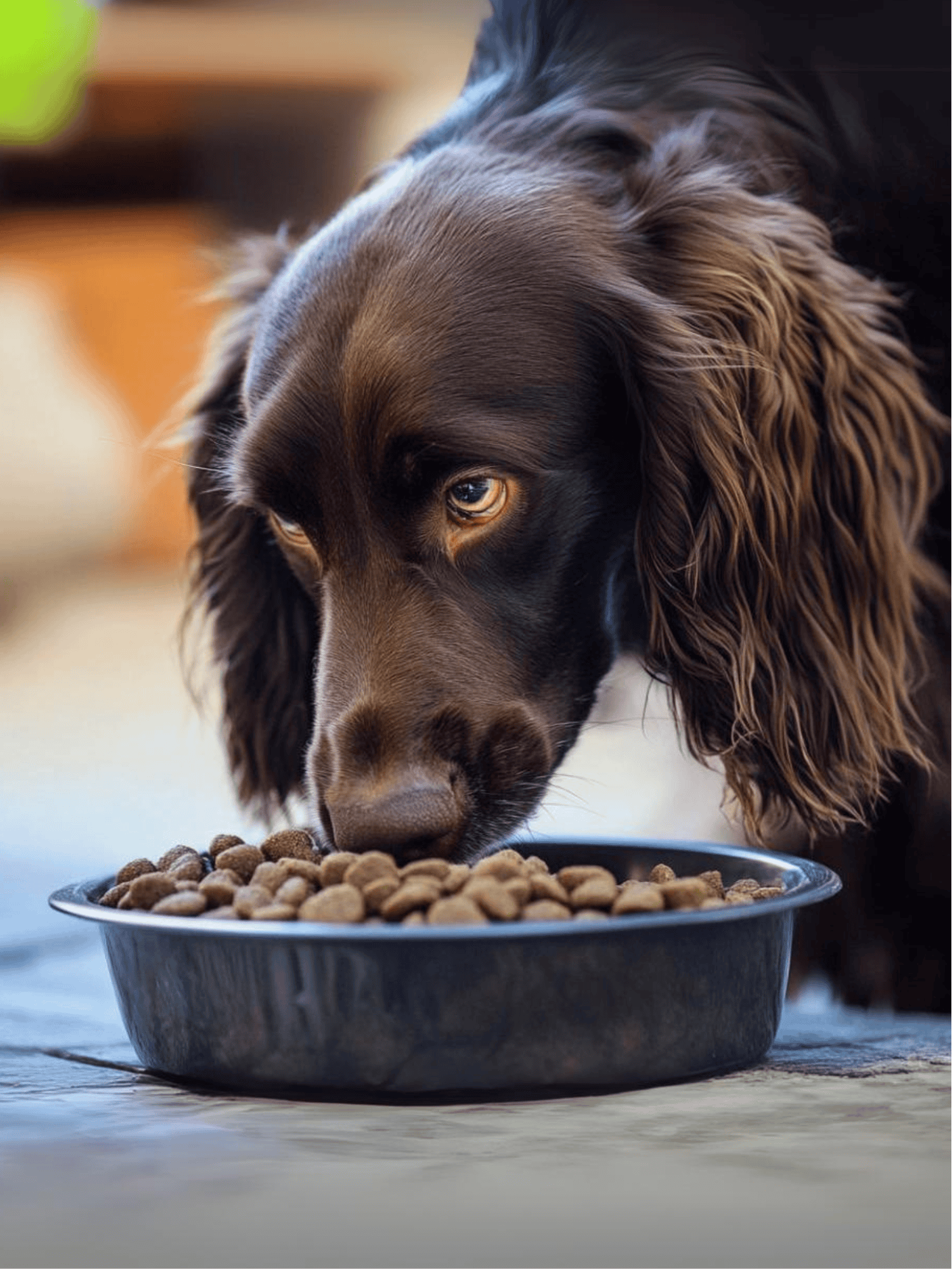 Close-up of a happy, healthy dog eating dry dog food in a bowl.