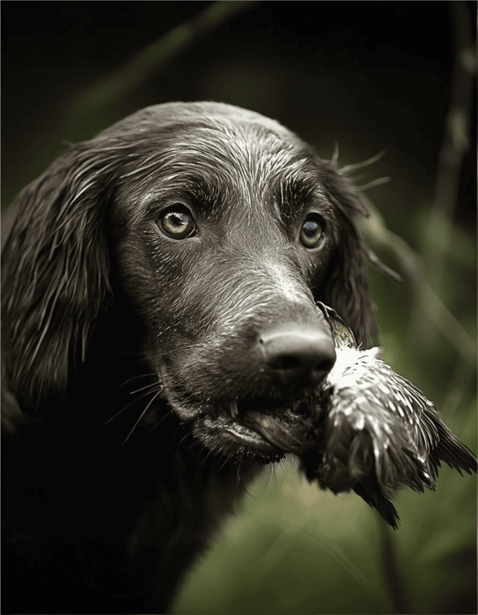 Labrador retriever dog holding a bird in its mouth outdoors, showcasing hunting or wildlife interaction.