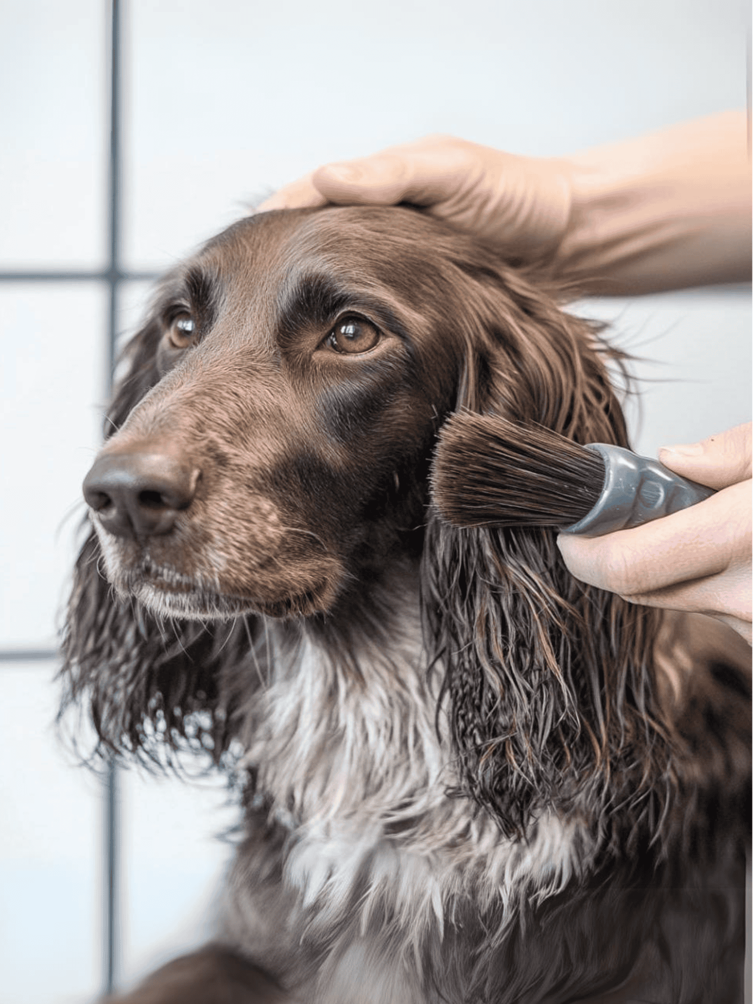 Dog getting brushed at grooming salon.
