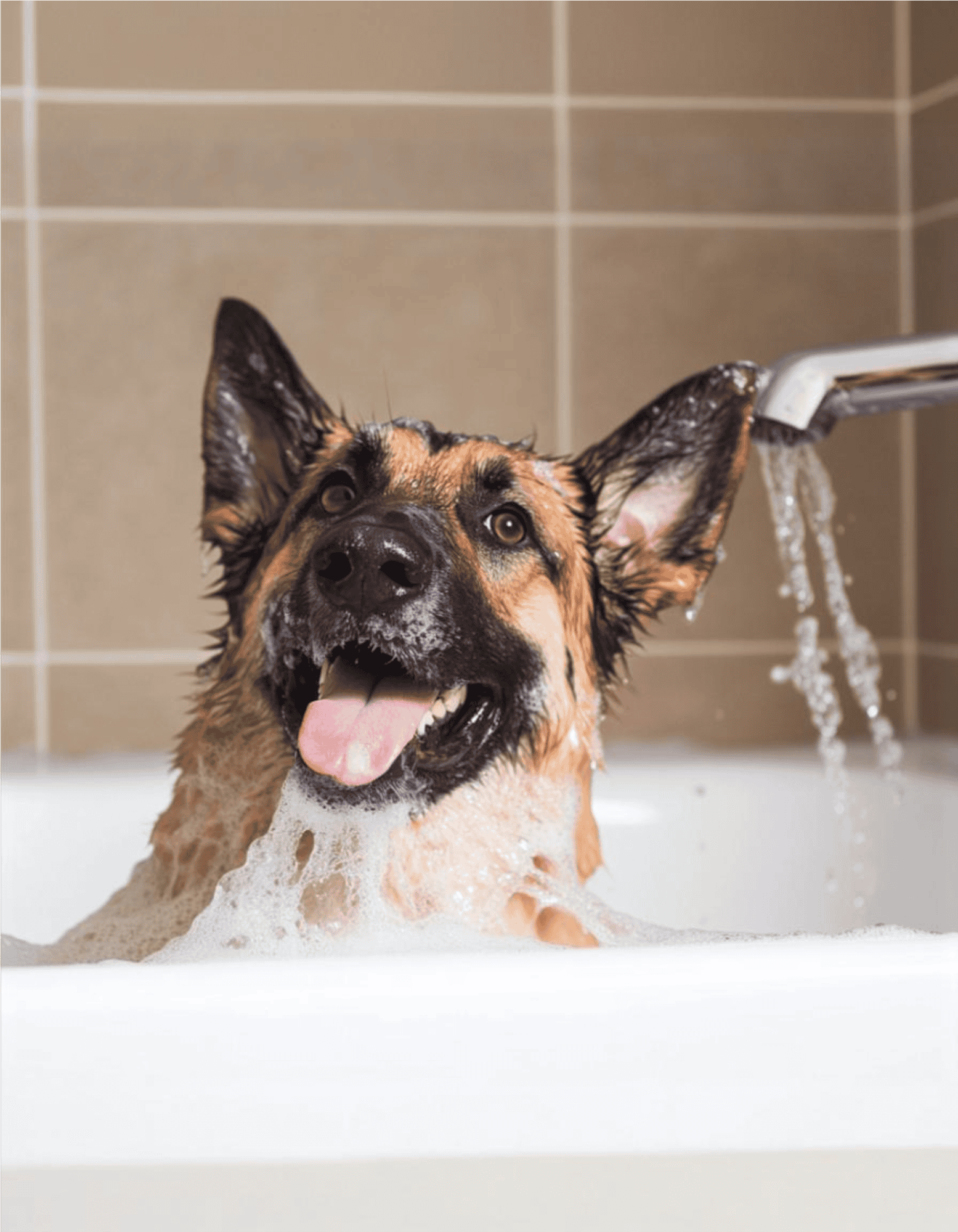 Playful, happy dog enjoying a bath, receiving professional grooming at Dogfix pet care services.