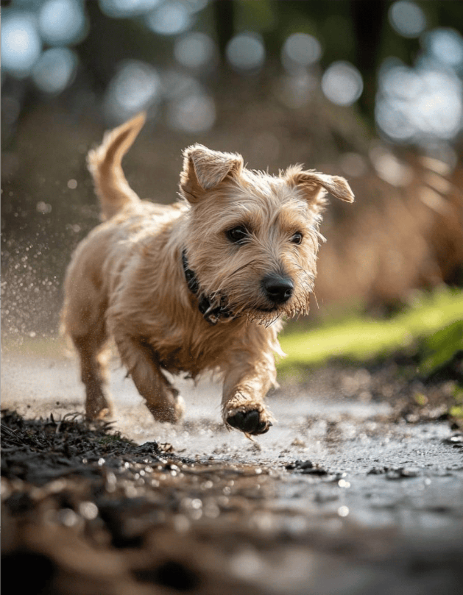 Adorable puppy running through muddy ground, enjoying playtime in nature.