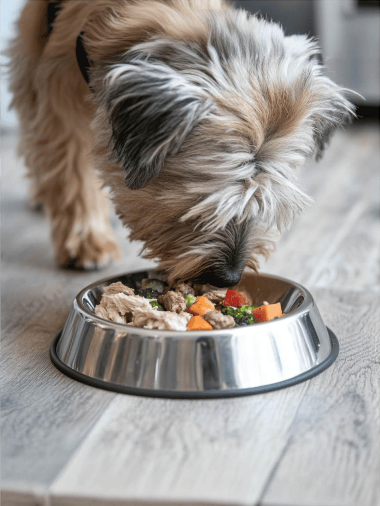 Dog eating high-quality, nutritious pet food from stainless steel bowl.