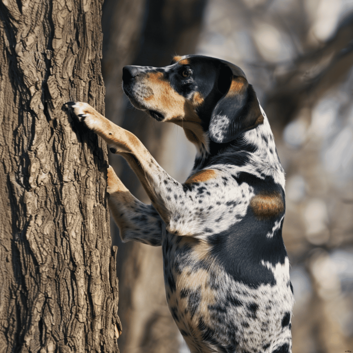 Adorable dog standing on hind legs, sniffing and touching tree trunk outdoors.