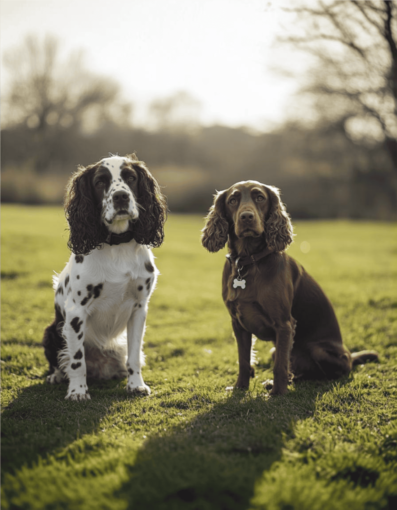 Adorable spaniel and retriever puppies sitting on lush green field.