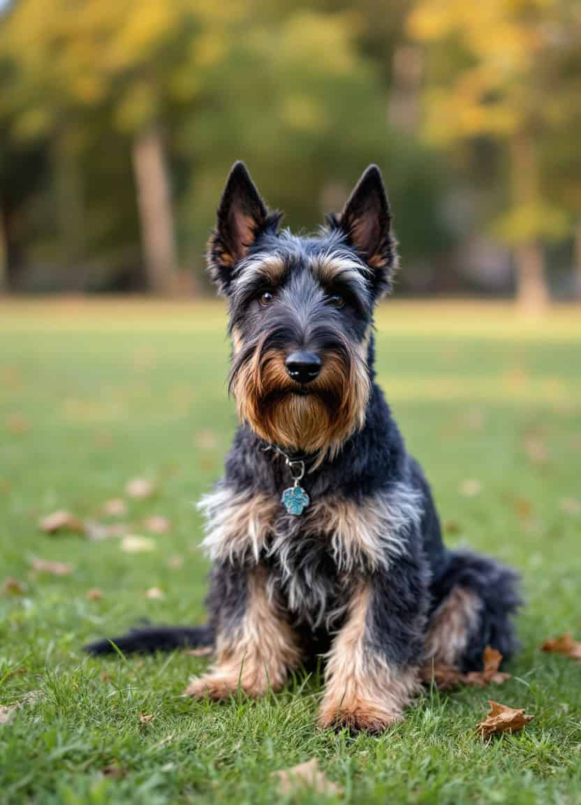 Cute Cairn Terrier sitting in a park on a fall day.