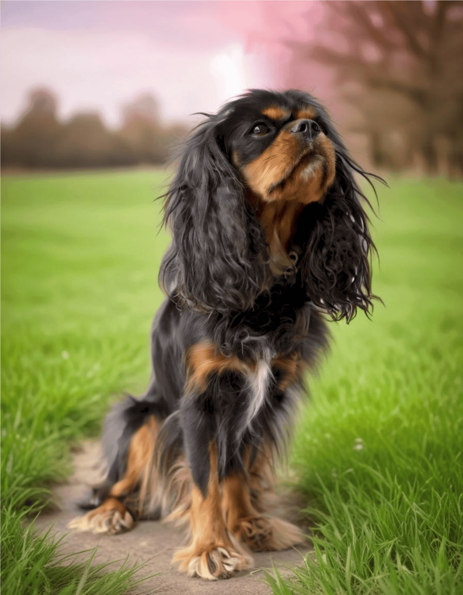 Black and white Cavalier King Charles Spaniel outside in greenery.