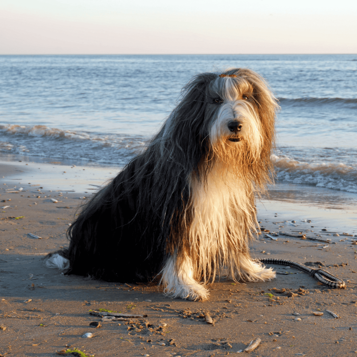 Cute dog relaxing on sandy beach near ocean at sunrise, showing happiness and companionship.