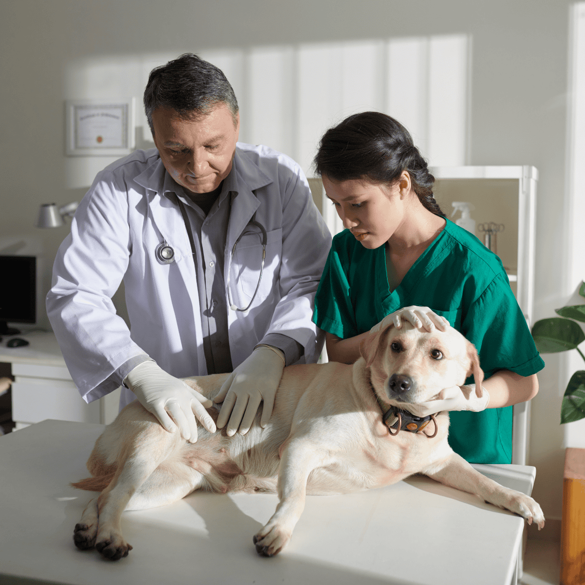 Vet examining a dog on an examination table with a veterinarian and assistant.