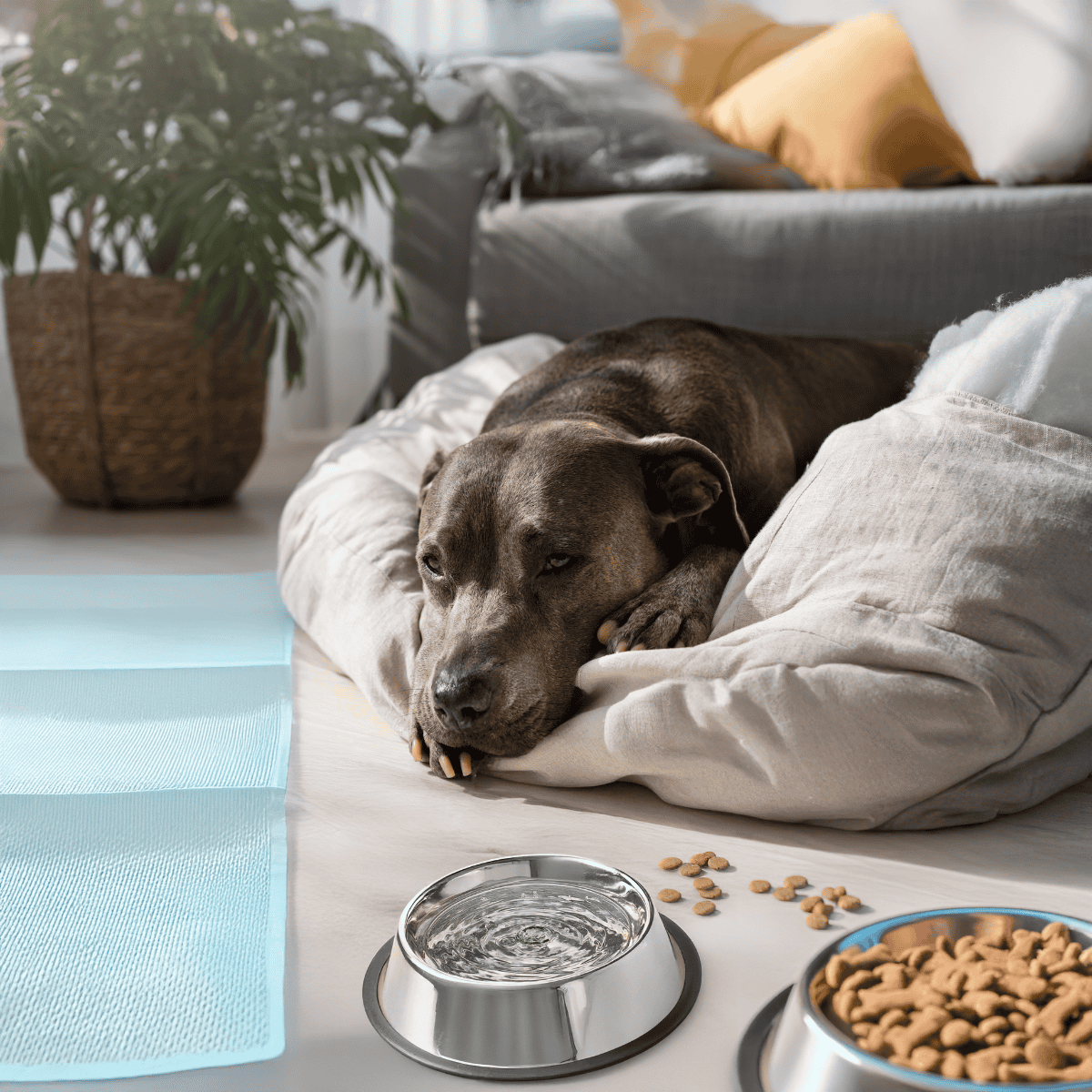 Comfortable dog resting on soft bedding with food bowls and chew treats nearby.