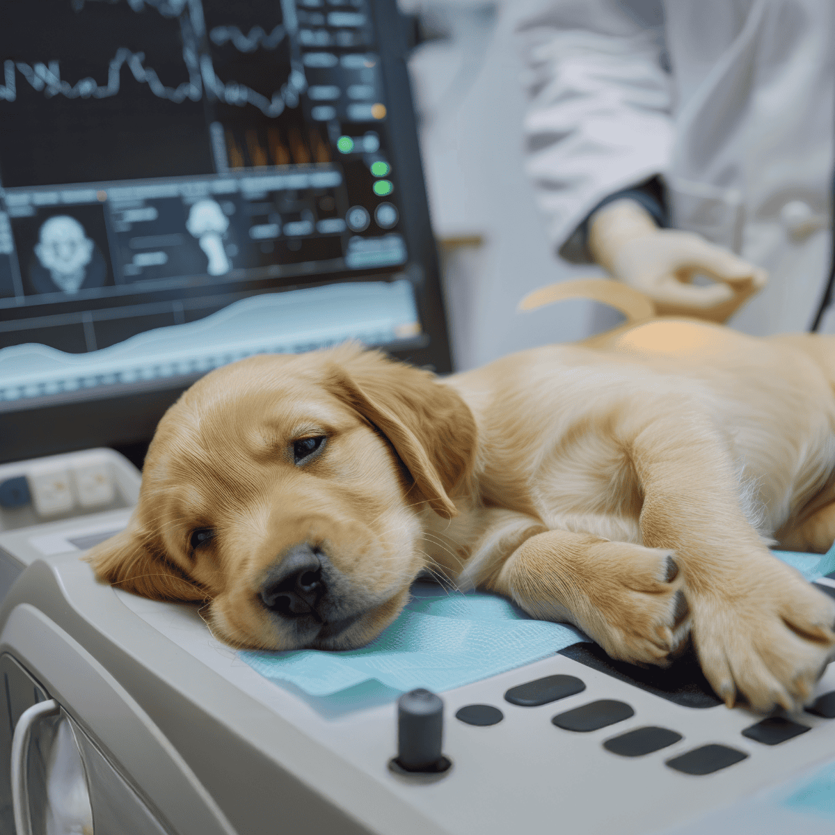 Labrador puppy undergoing ultrasound exam at veterinary clinic.