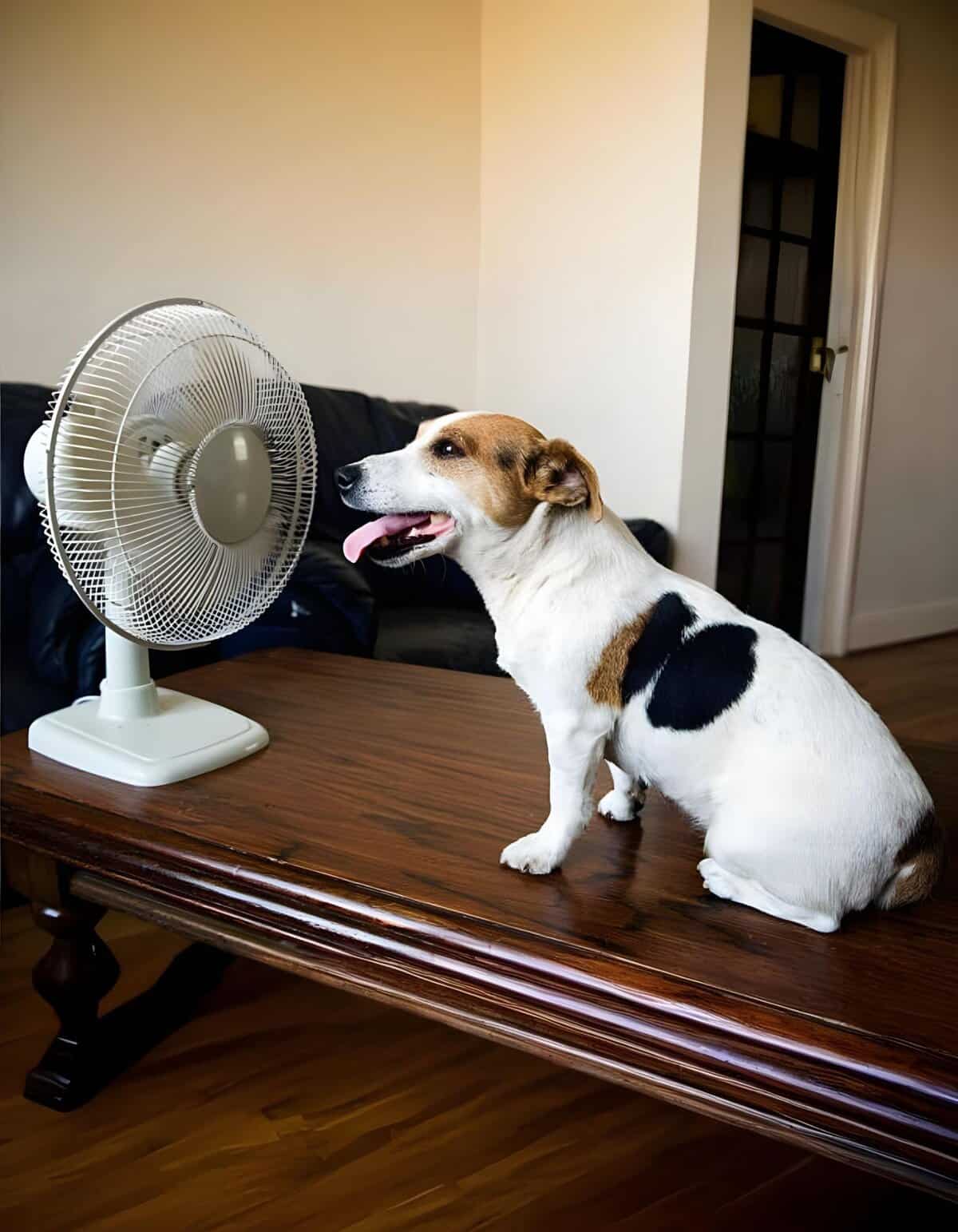Dog cooling fan for hot summer days.