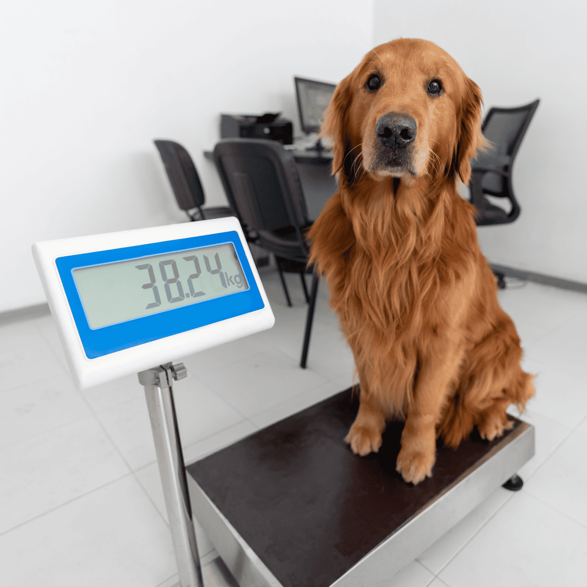 Dog weight scale showing 38.2 kg, ideal for tracking your dog's health and weight loss progress.