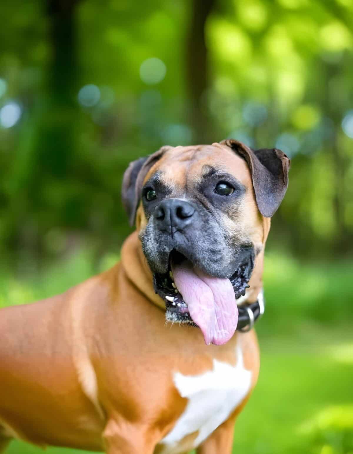 Close-up of a happy brown and black dog with tongue out, standing in a lush forest.