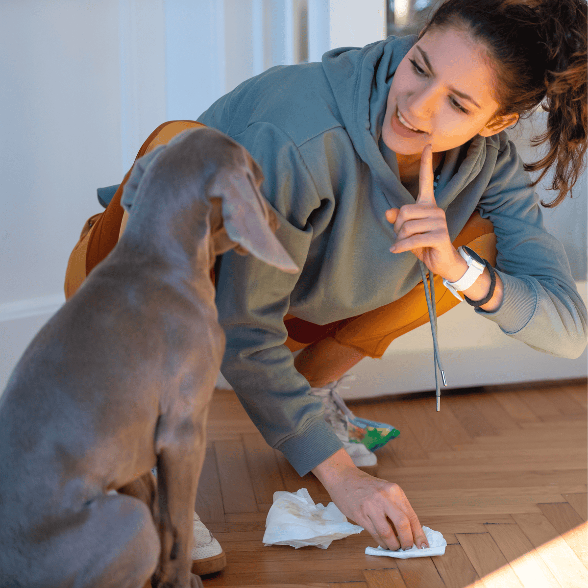 Dog trainer with puppy at home grooming.