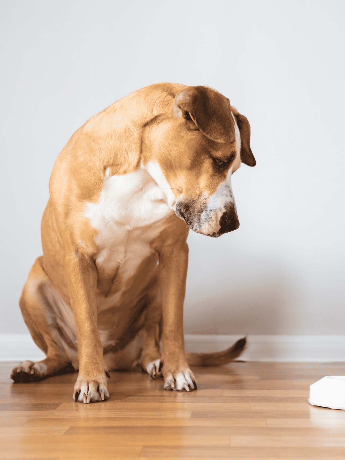 Adorable brown and white dog seated on hardwood floor with empty food bowl nearby.