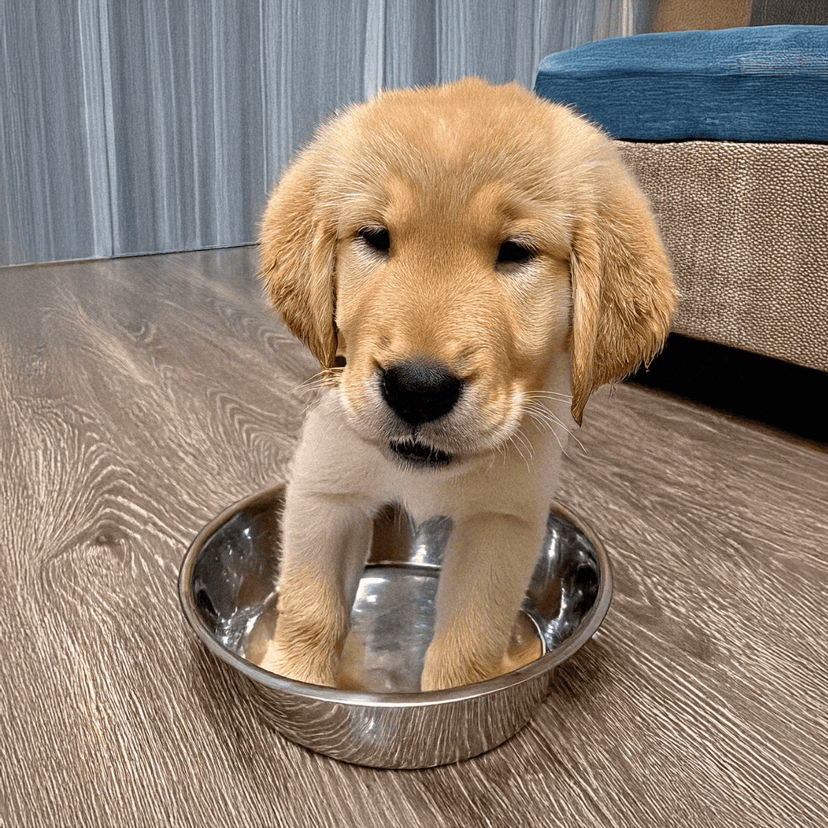 Cute Golden Retriever puppy with floppy ears sitting in a stainless steel dog bowl on wooden floor. Ideal image for dog care and pet feeding tips.