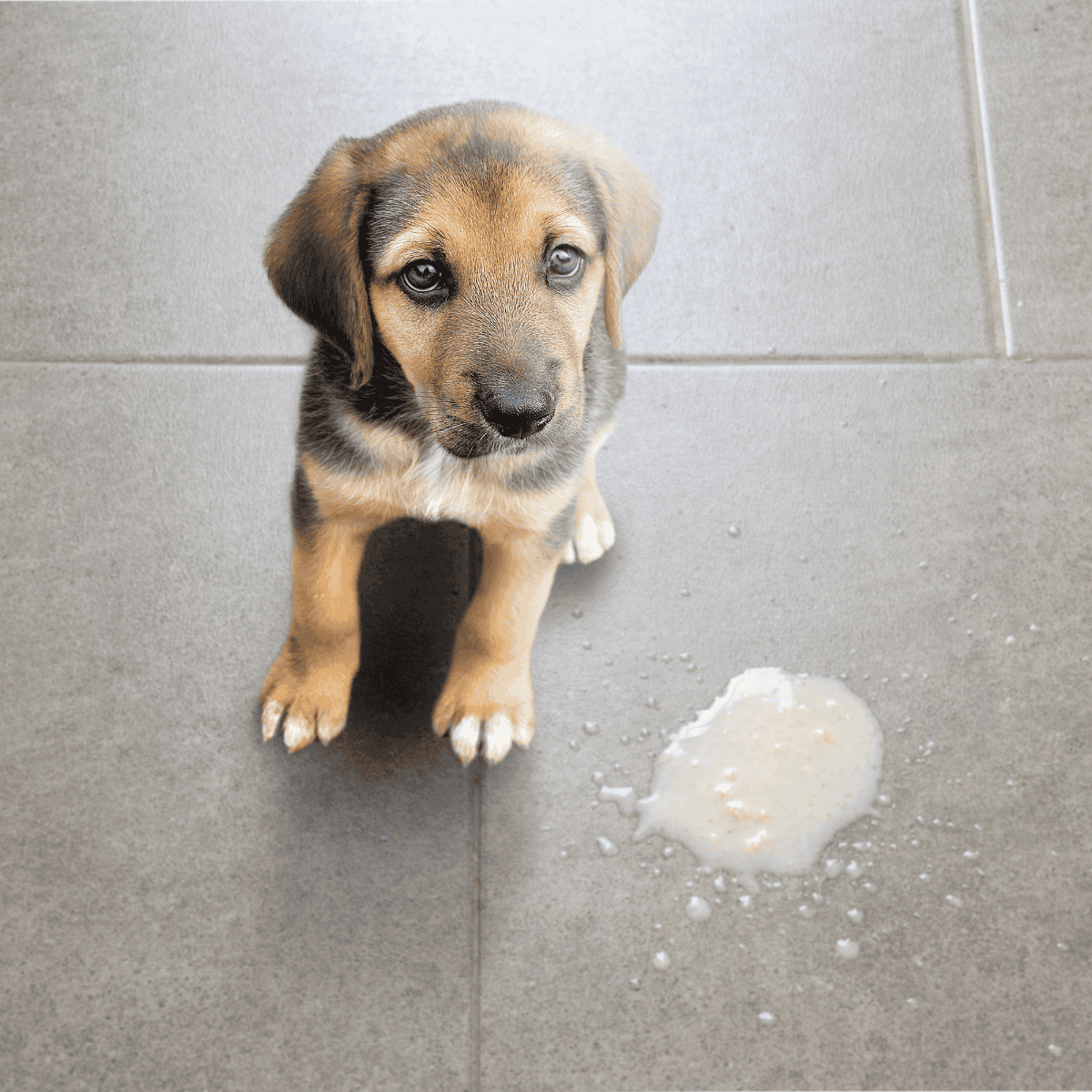 Adorable puppy with a puddle of liquid on the floor, ideal for pet training, puppy accident management.