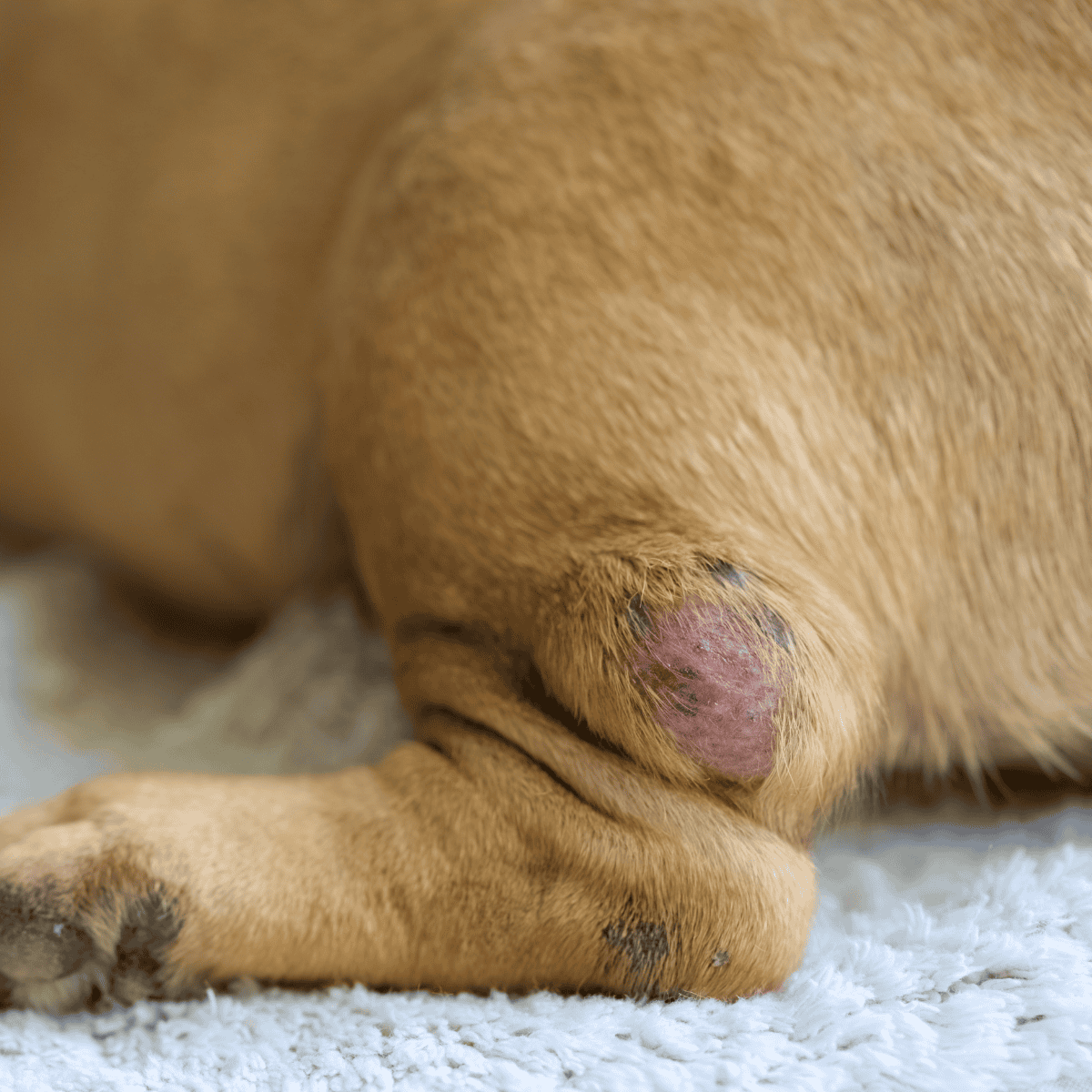 Close-up of a dog's skin irritation and healing sore on the paw, emphasizing dog skin health and care.
