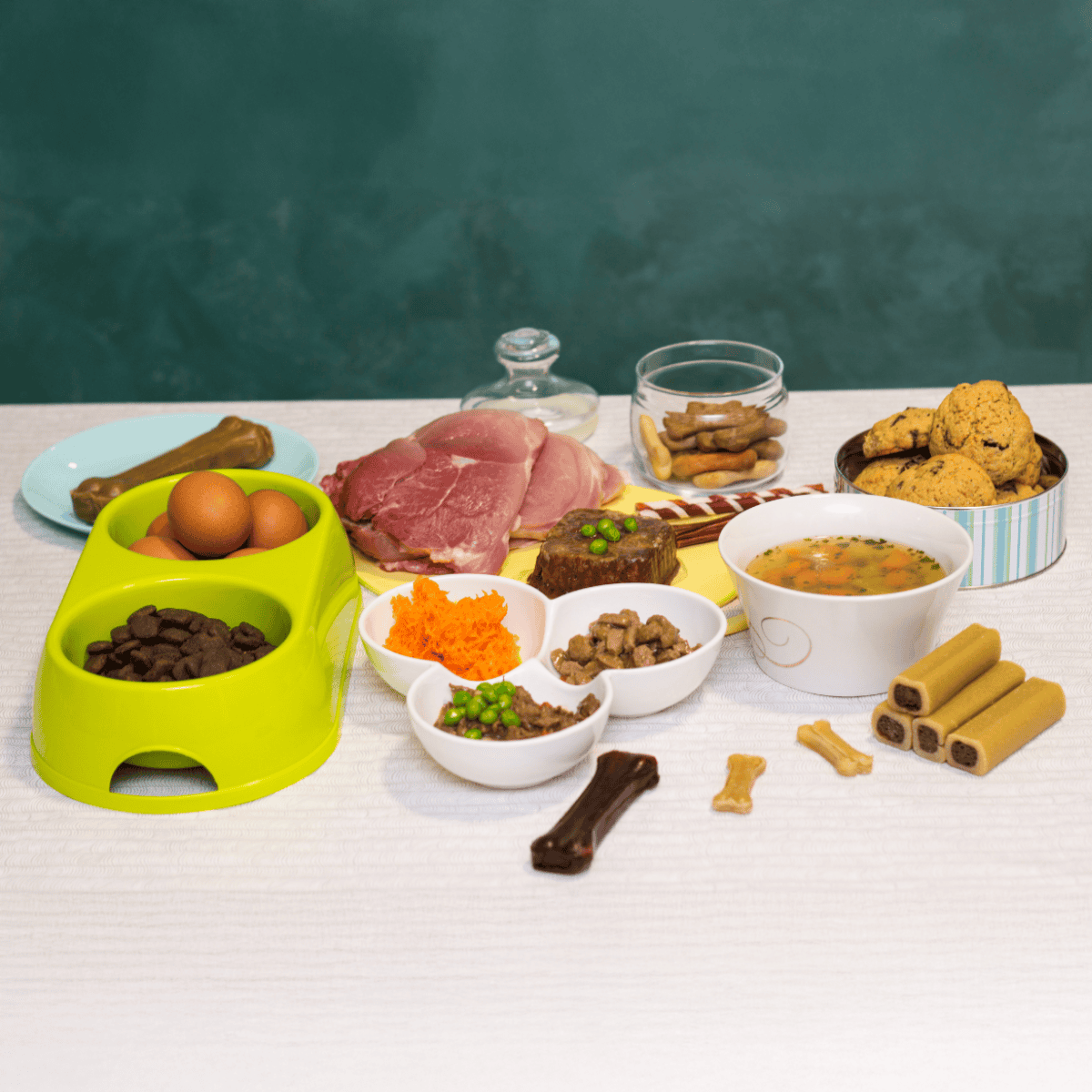 A variety of nutritious dog food, treats, and raw ingredients arranged for dogs, emphasizing quality and health.