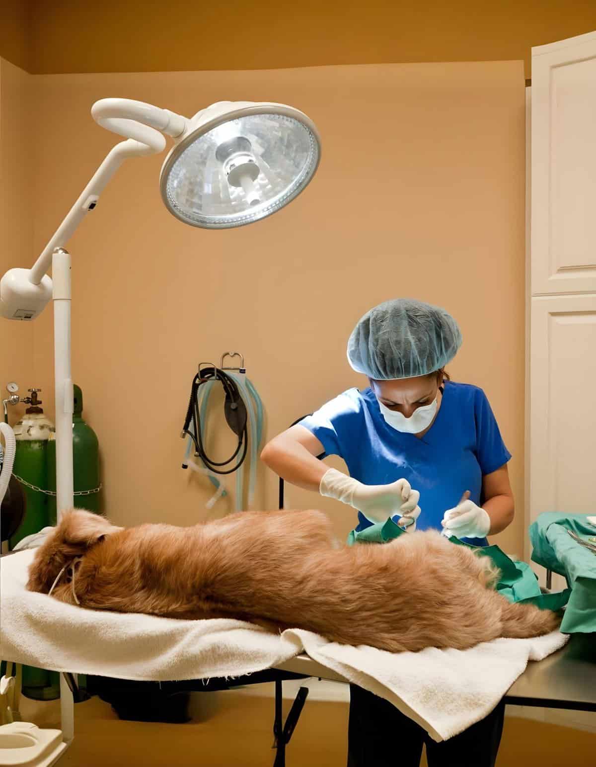 Dog undergoing veterinary surgery under anesthesia in a clinical setting.