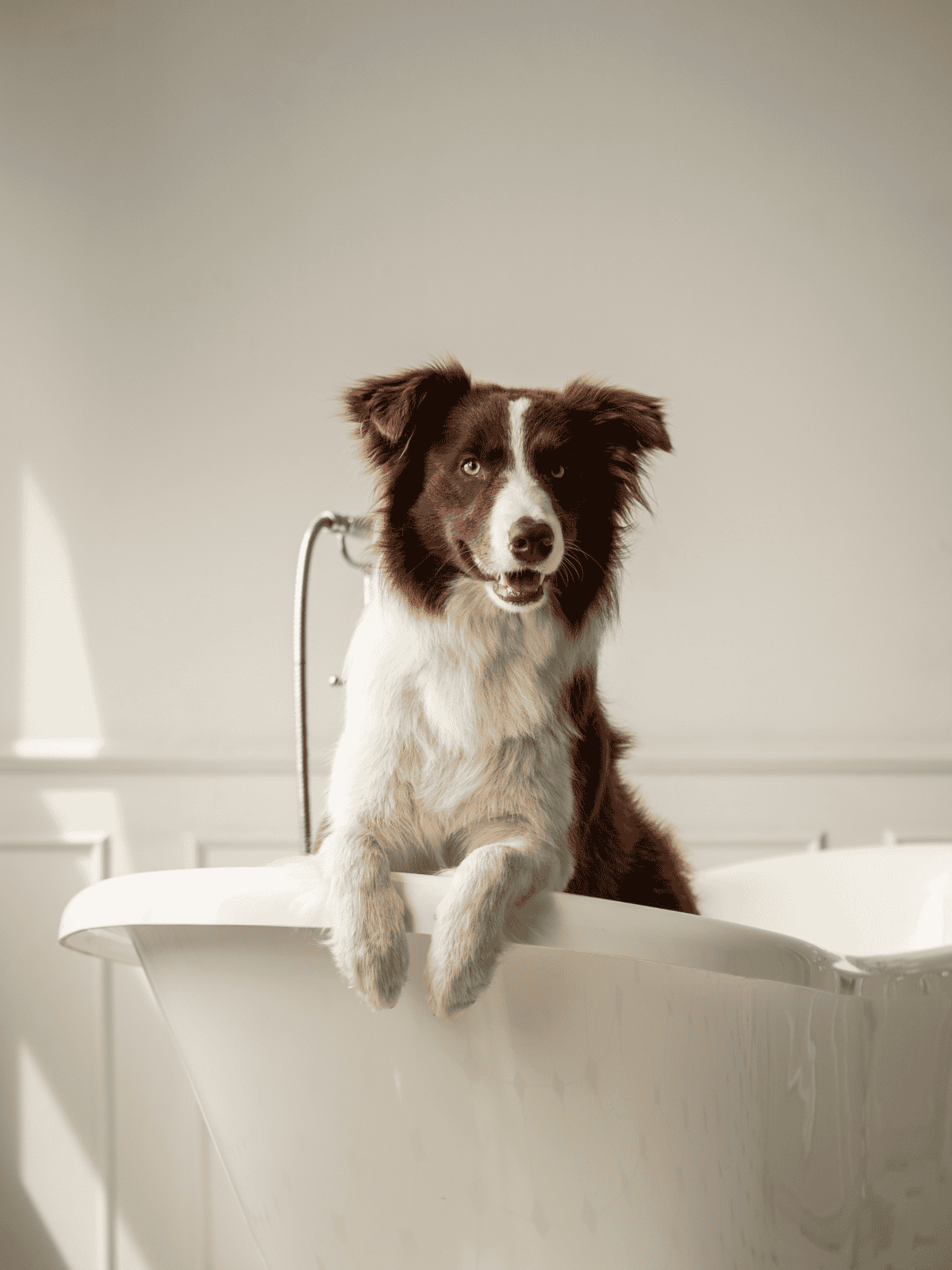 Cute Border Collie dog with one eye slightly closed, sitting in a white bathtub, ready for bath time.