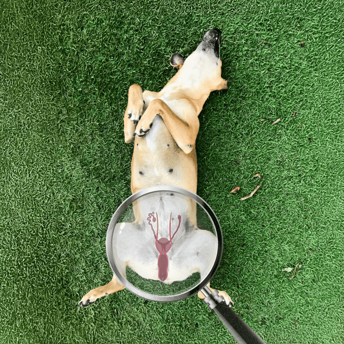 Dog lying on green grass with magnified illustration of digestive system, health screening concept.