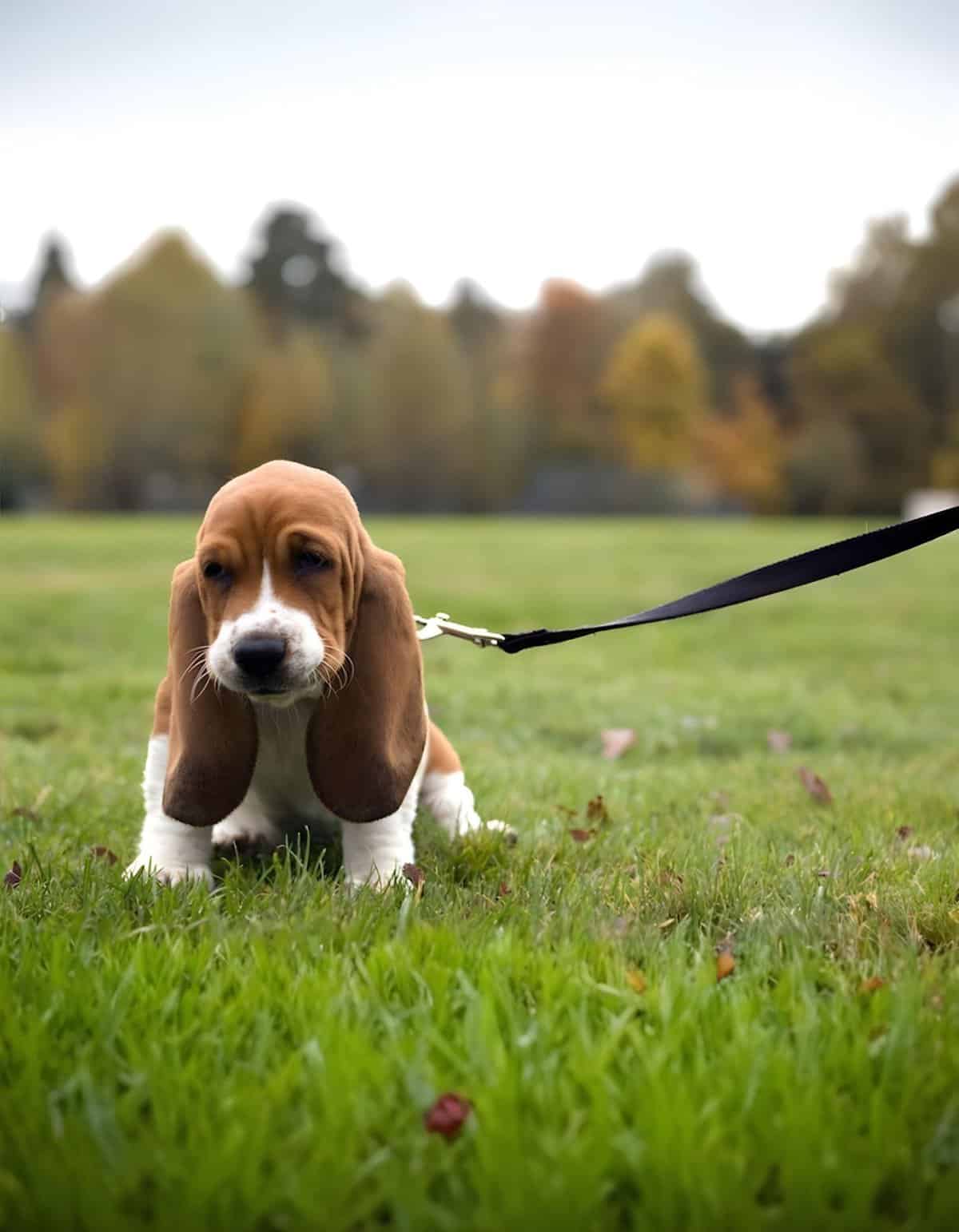 Cute basset hound puppy with long ears outdoors on a walk in the park.