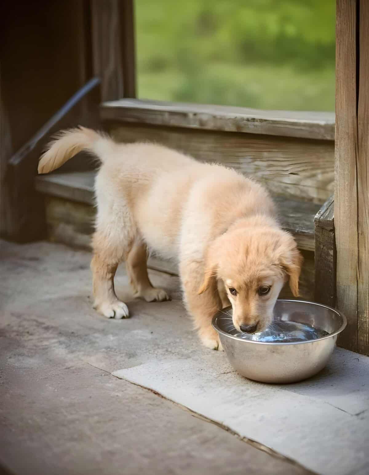 Adorable puppy drinking water from a metal bowl outdoors.