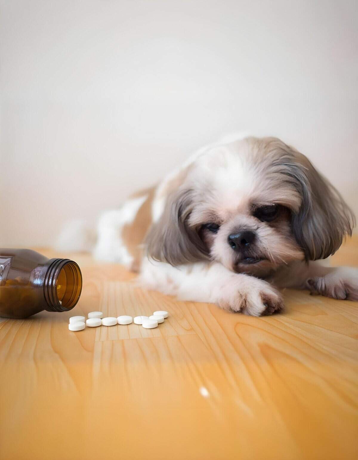 Cute puppy lying next to pill bottle and white tablets, representing pet medication and health support.