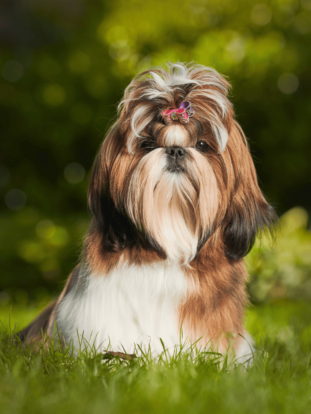 Shih Tzu dog with a pink bow on its head, sitting in lush green grass outdoors, showcasing cute pet grooming.