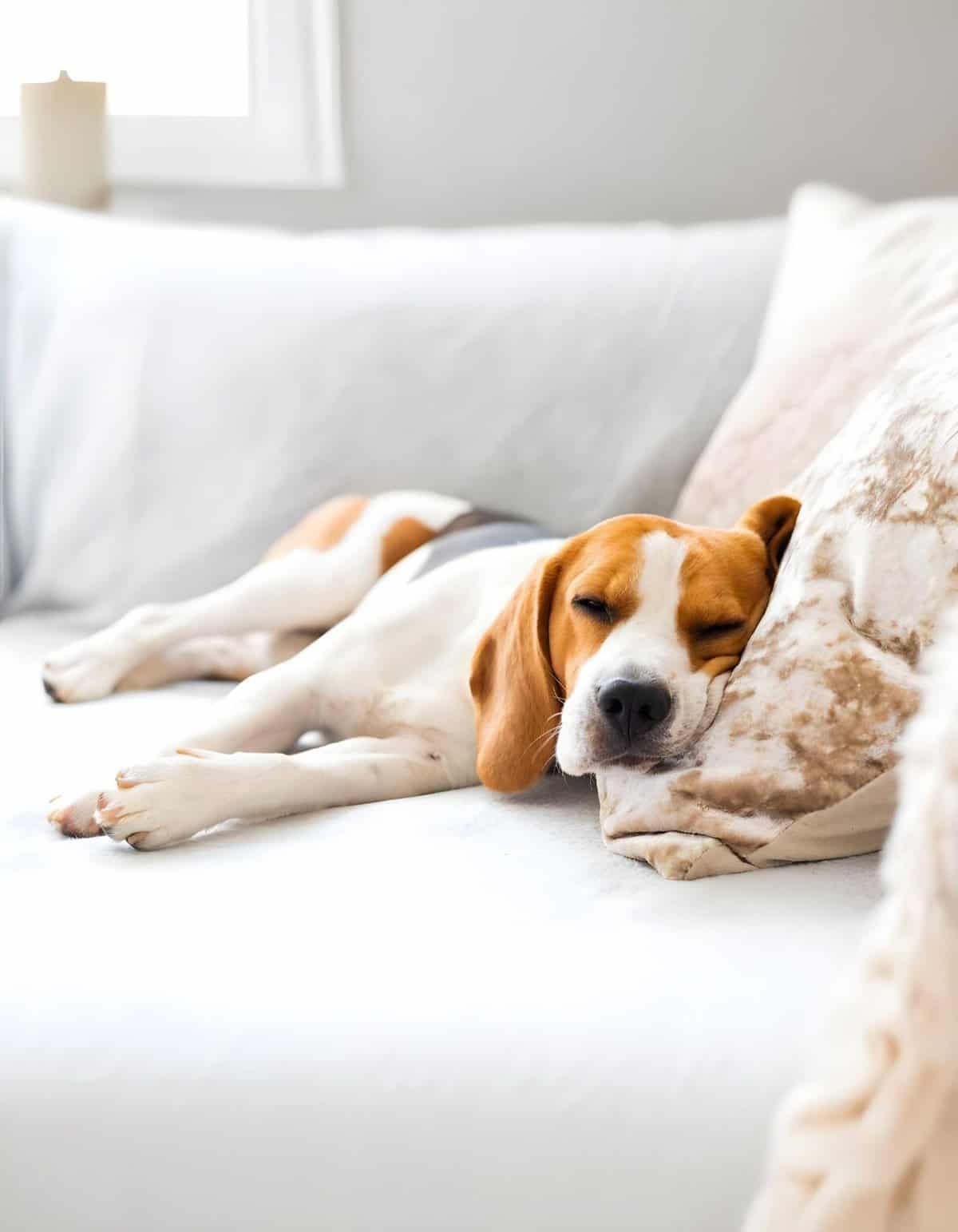 Adorable dog resting peacefully on a plush pillow on a soft white couch.