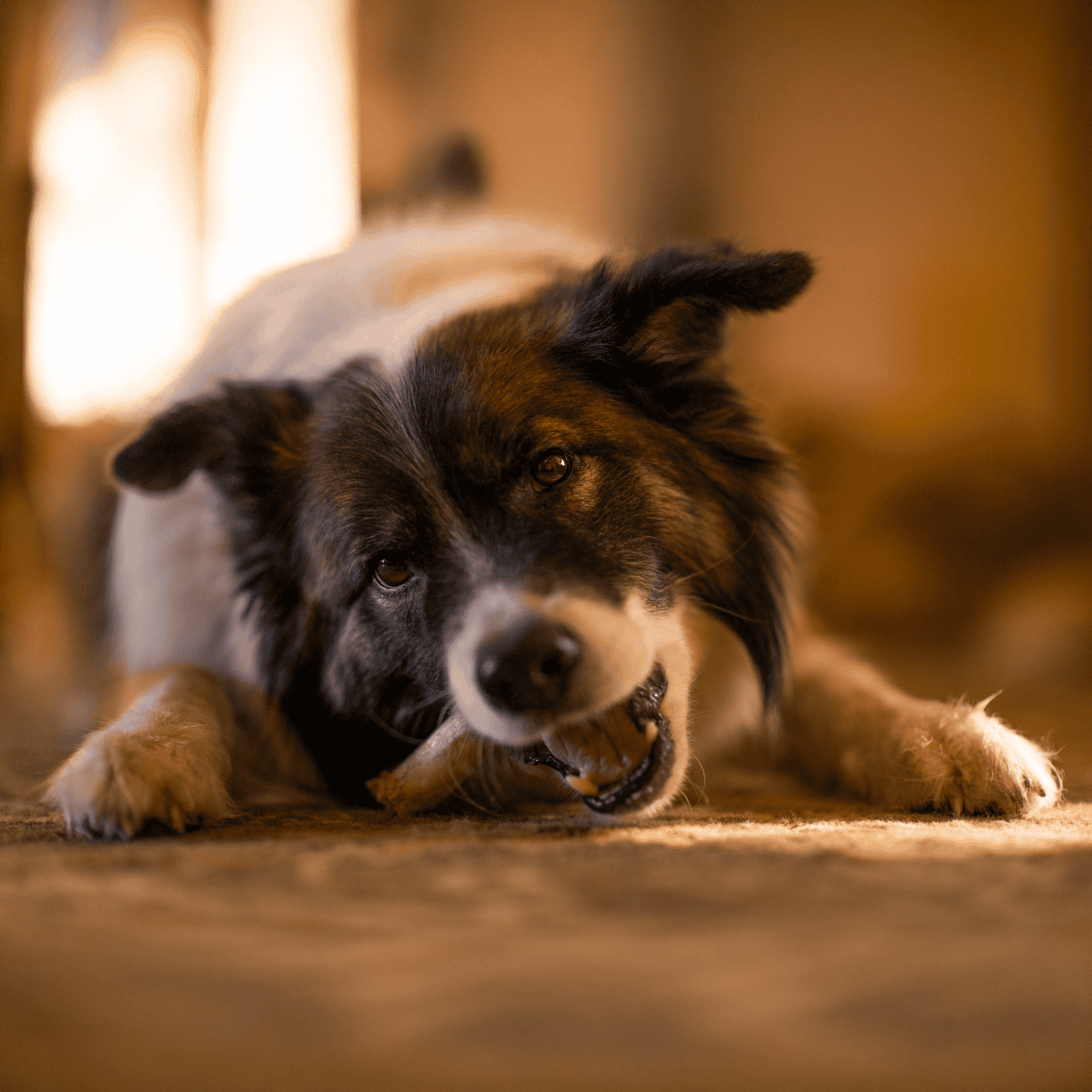Friendly Border Collie dog playing with chew toy on floor.