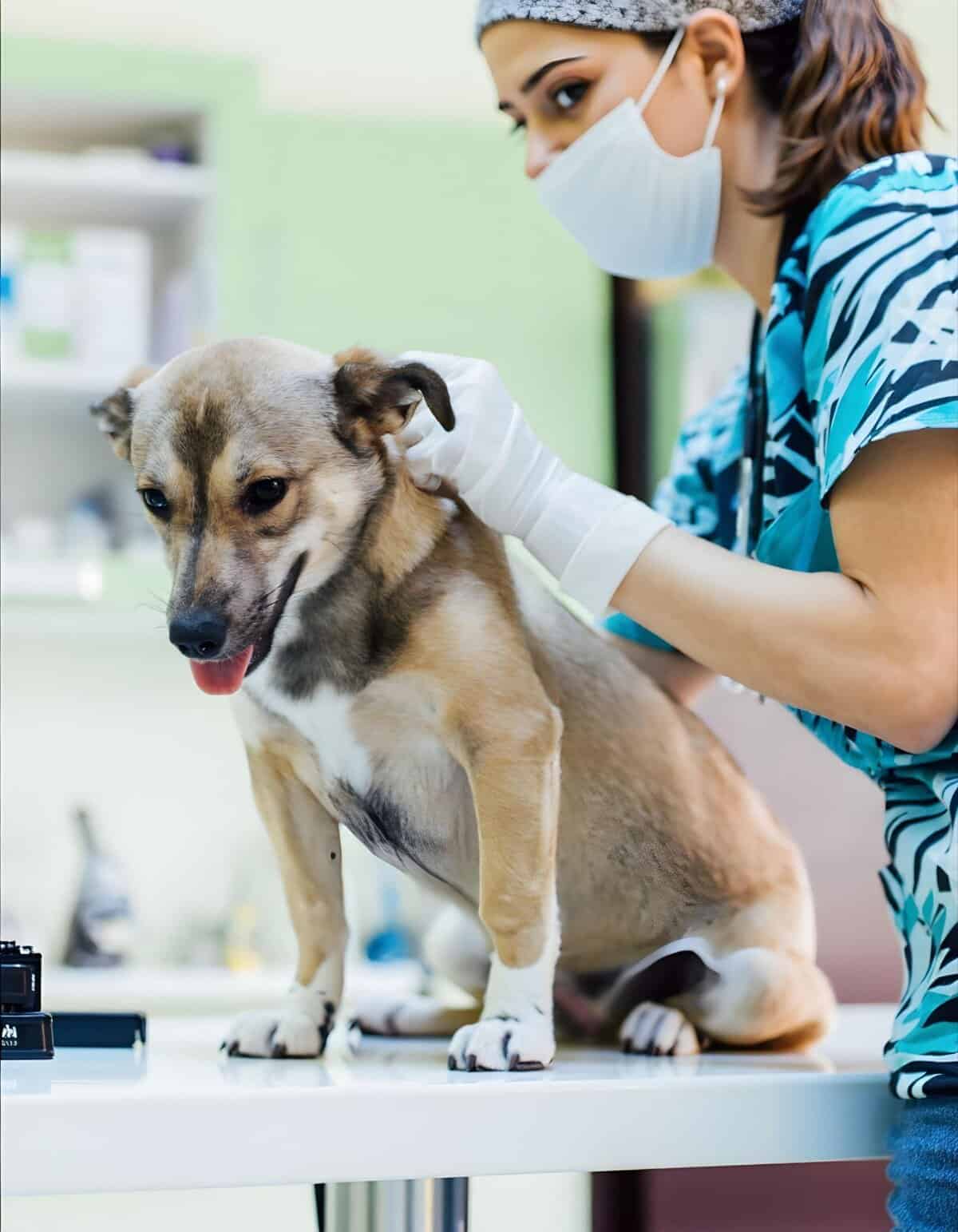 Veterinarian examining a dog for health checkup in a veterinary clinic.