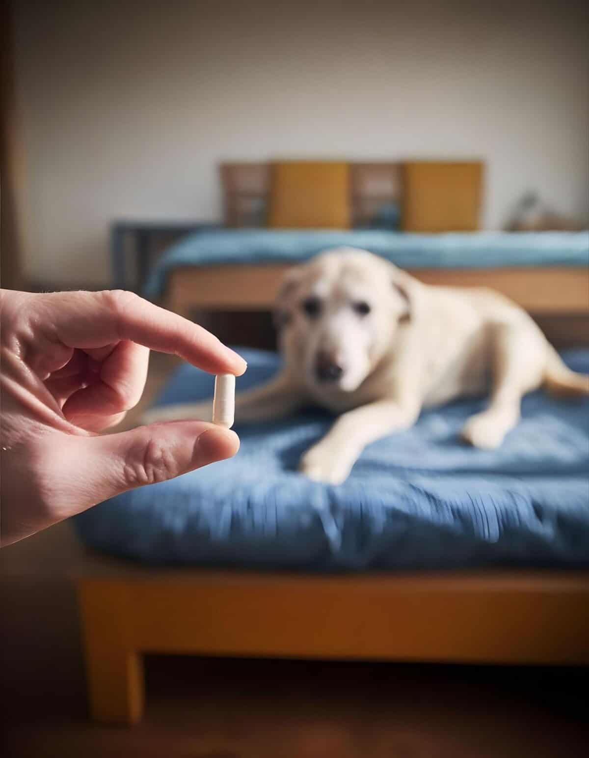 Close-up of a hand holding a pill with a lying dog in the background.