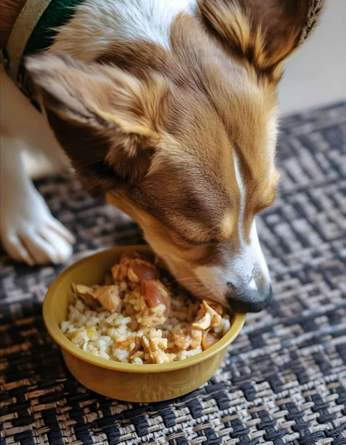 Dog eating nutritious homemade dog food in a yellow bowl.