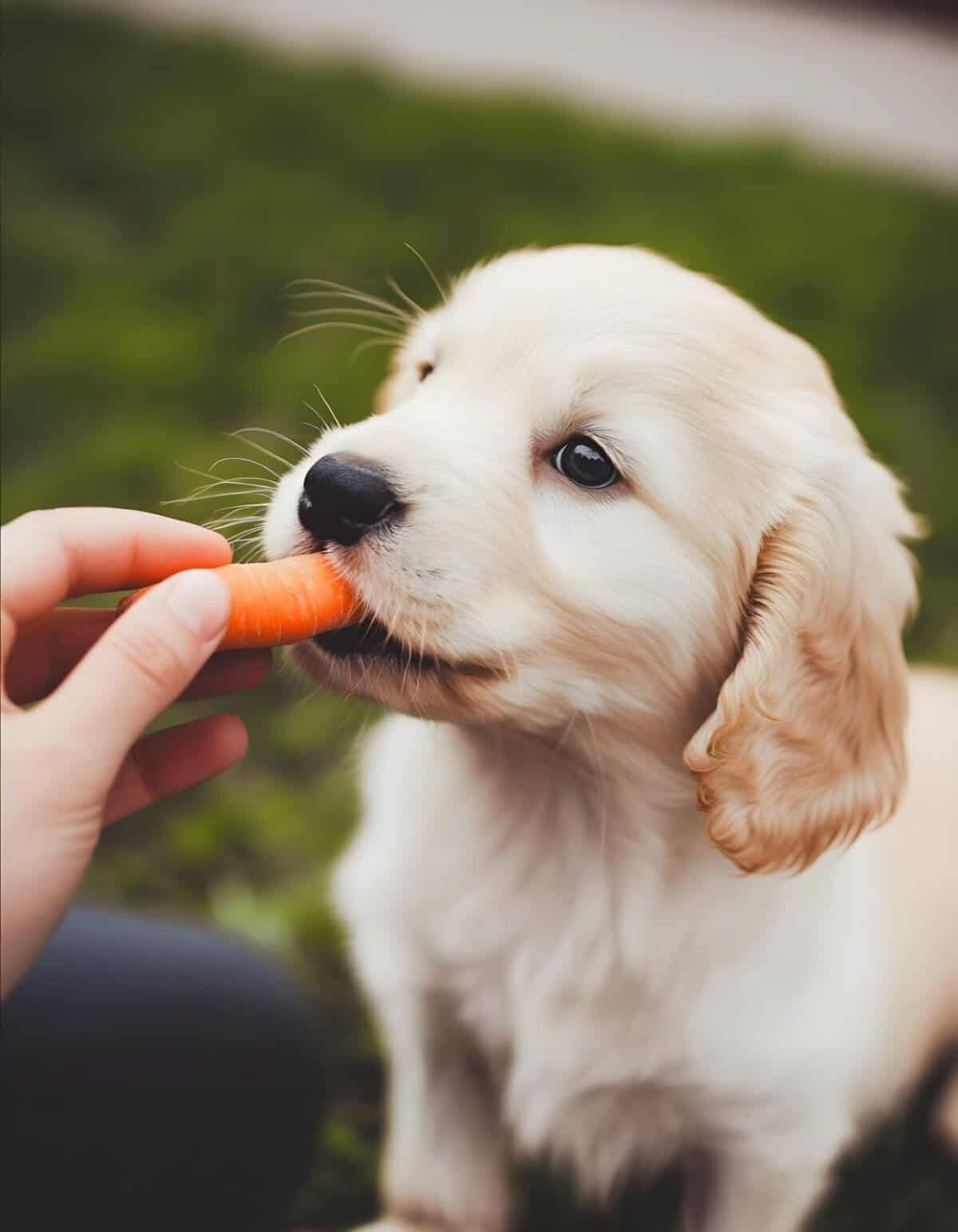 Adorable Golden Retriever puppy being fed a carrot outdoors, emphasizing healthy dog treats and pet nourishment from Dogfix.com.