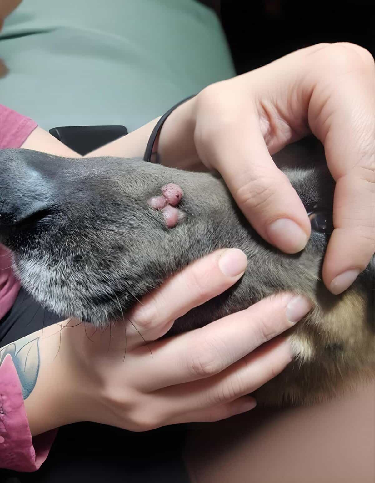 Veterinarian inspecting dog skin tumors during a health examination.