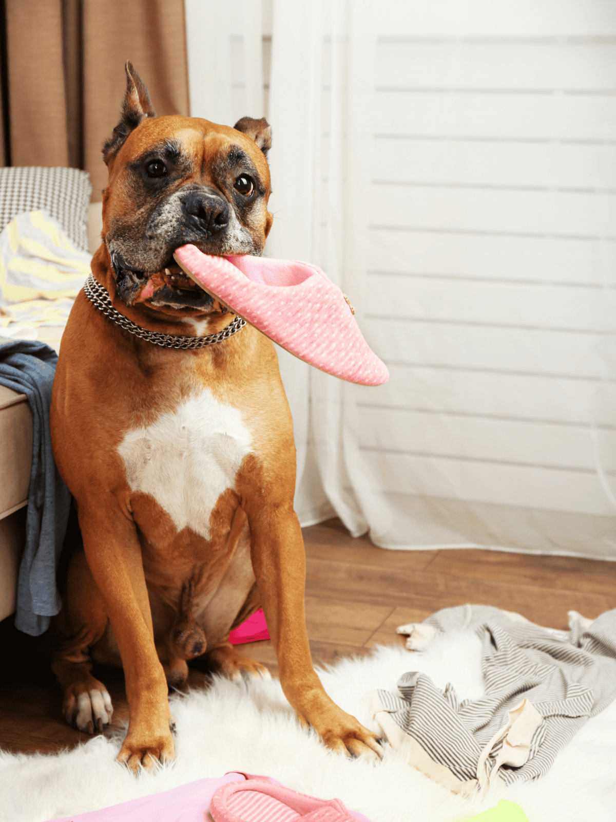 Adorable dog chewing a pink plush toy, sitting on a cozy white rug amidst laundry and home decor.