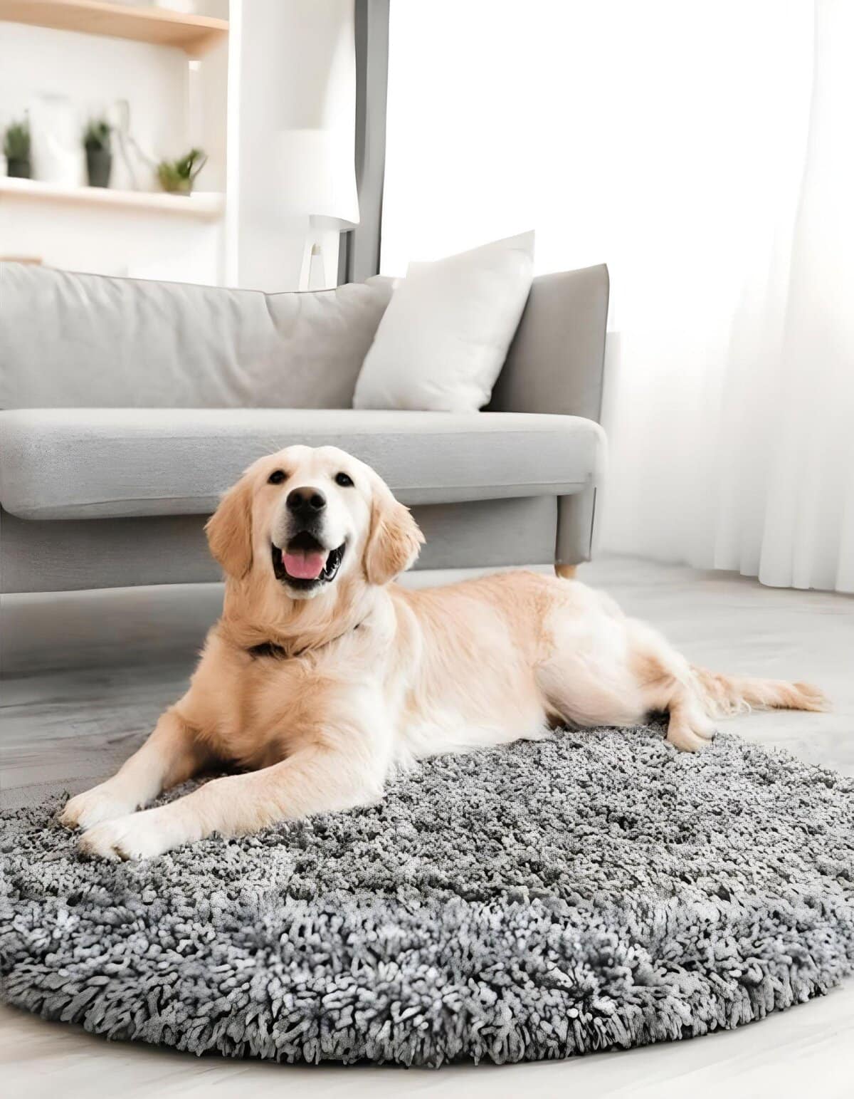 Friendly golden retriever relaxing on a soft, gray shaggy rug near the sofa.