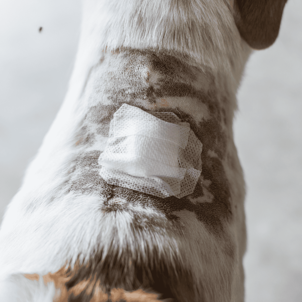 Close-up of a dog’s shoulder with a medical bandage for treatment or injury care.