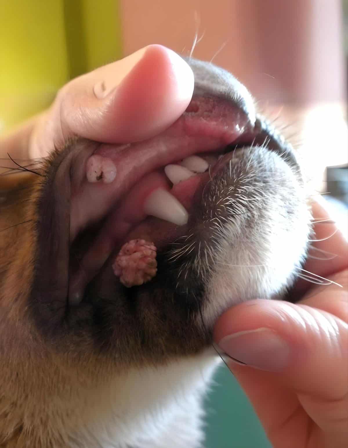 Close-up of a dog’s mouth showing dental issues and plaque accumulation.