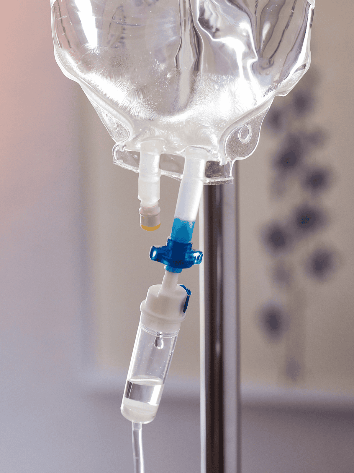 Close-up of a clear IV drip bag used for administering fluids to pets.