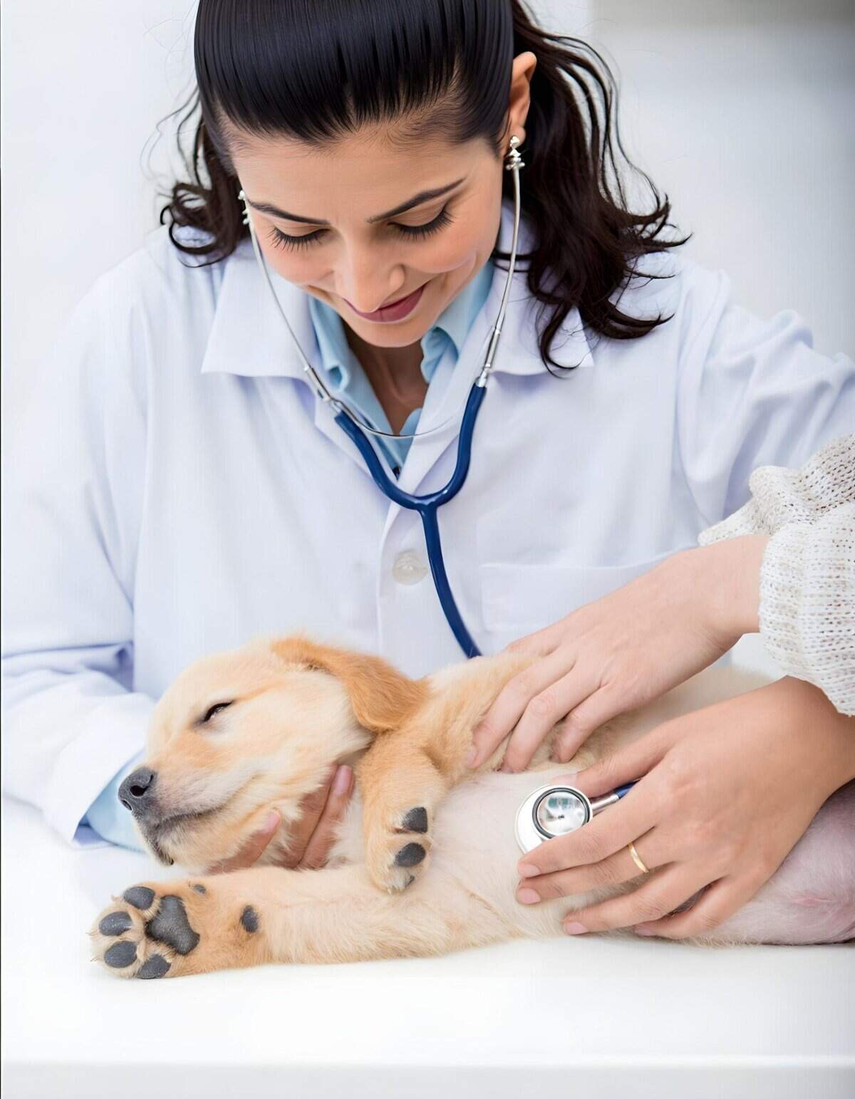Cute puppy being examined by veterinarian with stethoscope.