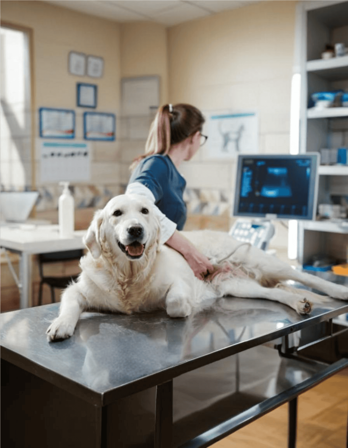 Dog undergoing ultrasound in veterinary clinic, monitored by veterinarian for health assessment.