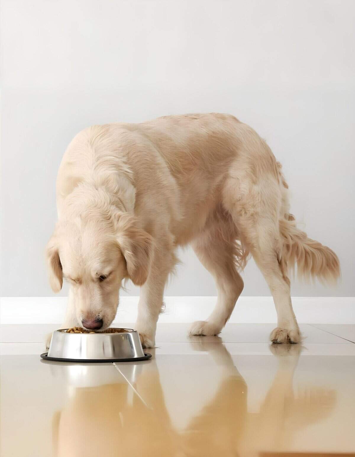 Golden retriever eating from stainless steel bowl.