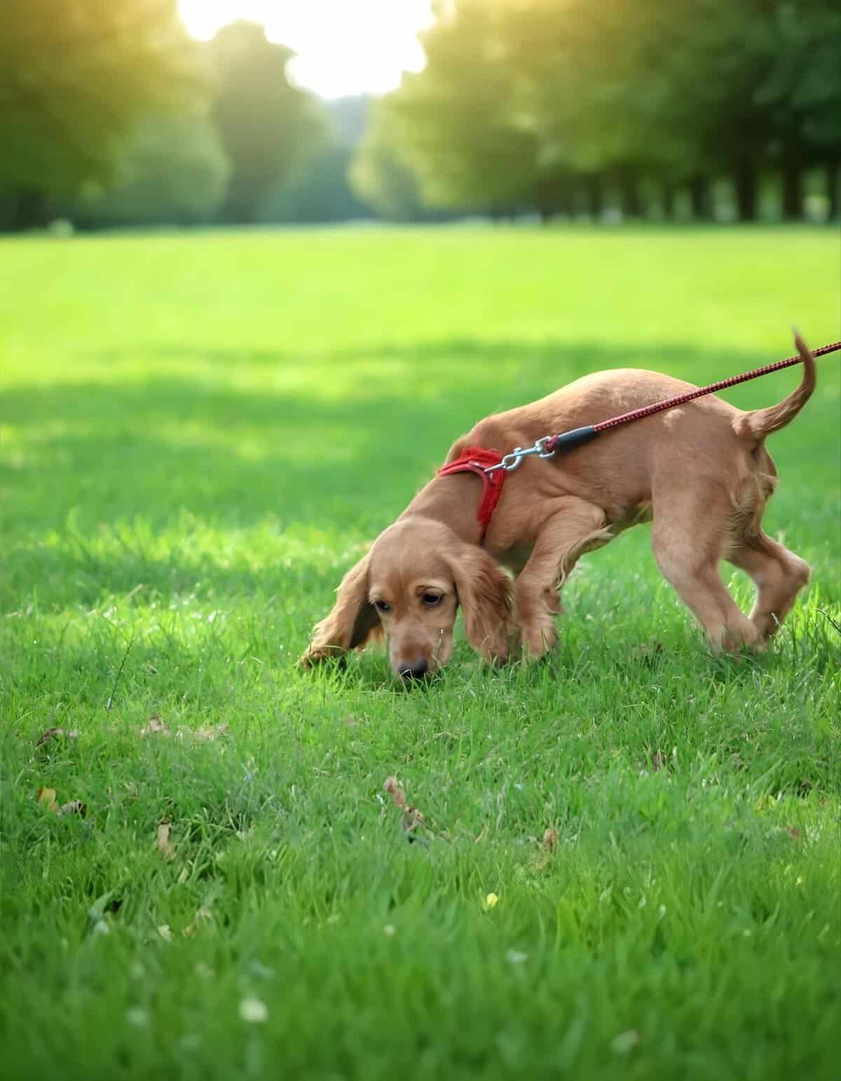 Dog on a leash sniffing grass in park for mental stimulation and exercise.