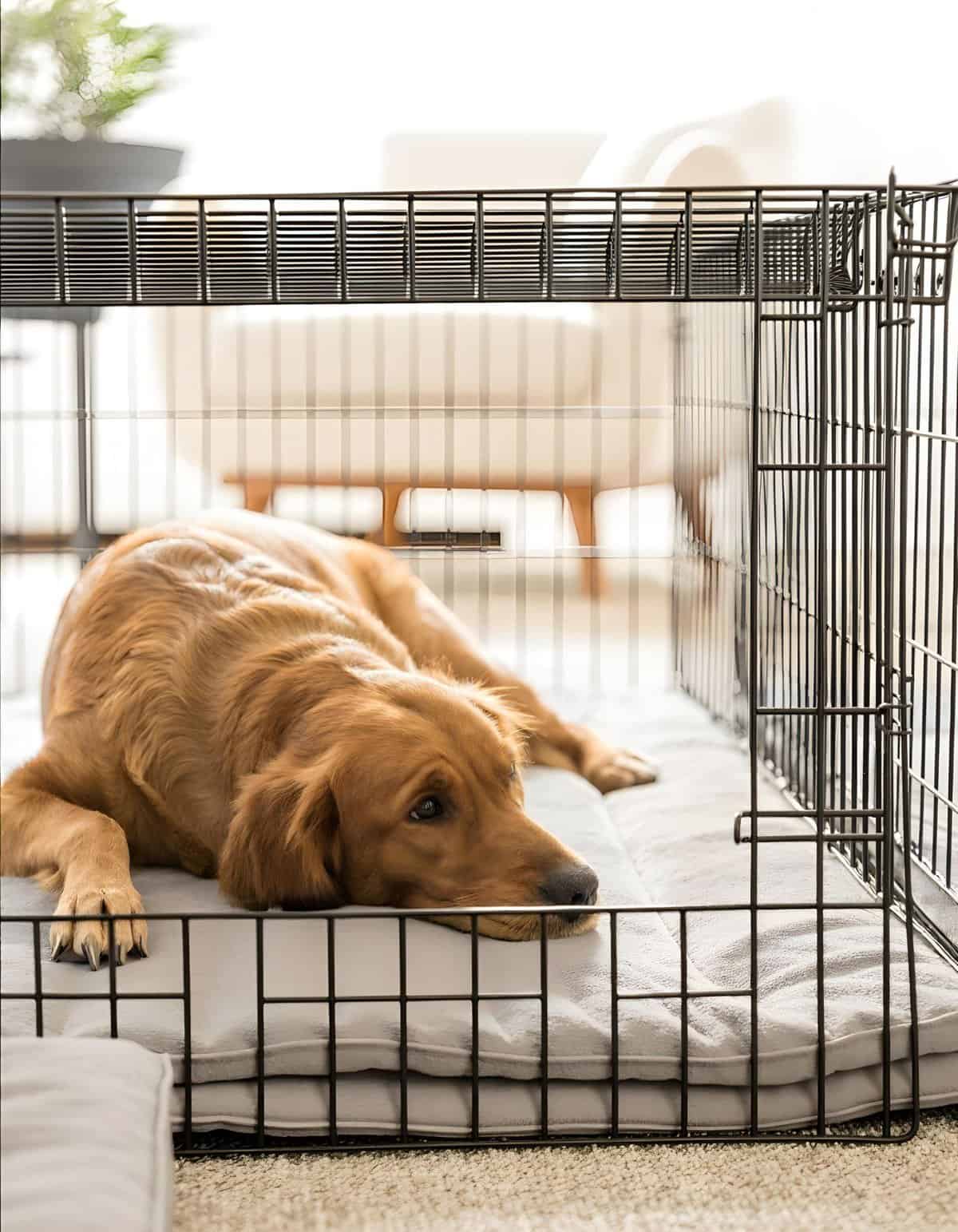Comfortable dog crate with soft bedding for pets, ideal for home and travel grooming.
